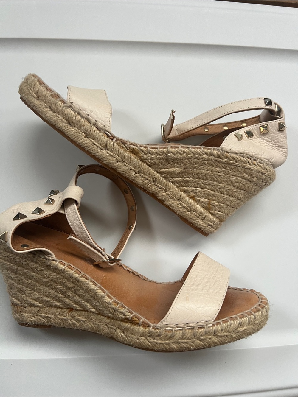 Soft genuine Leather studded espadrille wedges